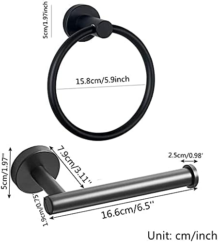 Lot de 2 accessoires de salle de bain en acier inoxydable avec porte-papier toilette noir et anneau porte-serviette noir, support mural.