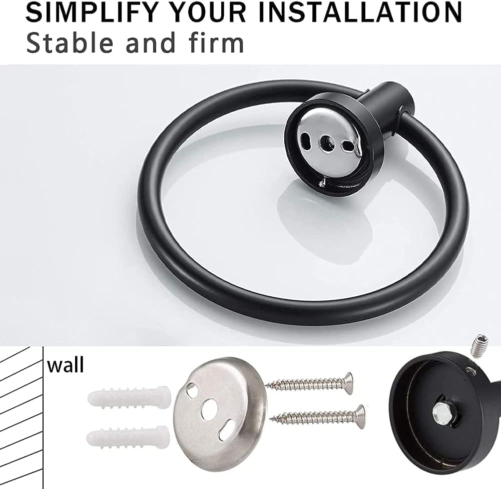 Lot de 2 accessoires de salle de bain en acier inoxydable avec porte-papier toilette noir et anneau porte-serviette noir, support mural.