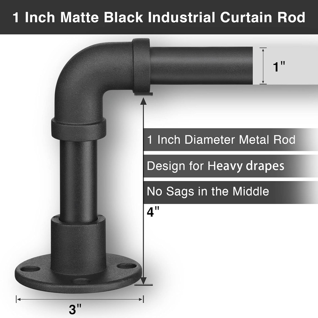 Tringle à rideaux industrielle – Tringle à rideaux noire mate pour fenêtres de 71,1 à 167,6 cm 