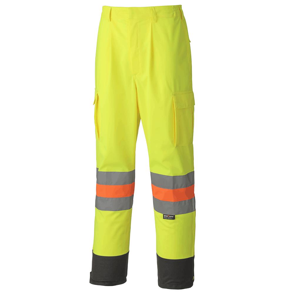 Pantalon de sécurité haute-visibilité pour signalisation en polyester respirant jaune/vert avec bandes réfléchissantes contrastantes