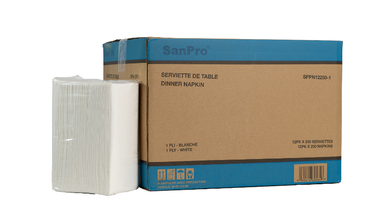Serviette de table blanche 1 pli SanPro® - Caisse de 12 paquets x 250 feuilles