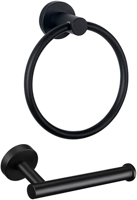 Lot de 2 accessoires de salle de bain en acier inoxydable avec porte-papier toilette noir et anneau porte-serviette noir, support mural.